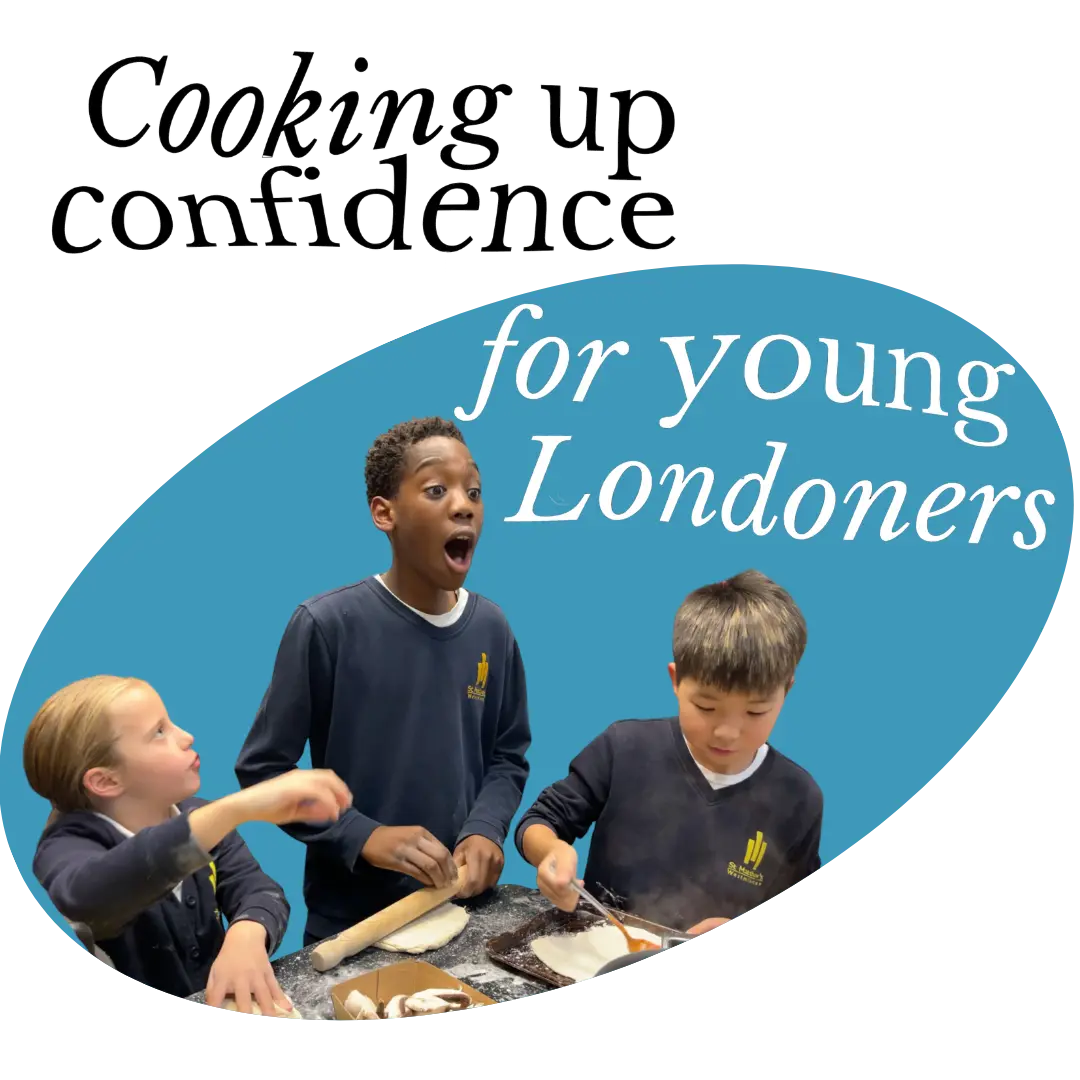 cooking up confidence for young londoners text, three young people cooking pizza in a London youth club
